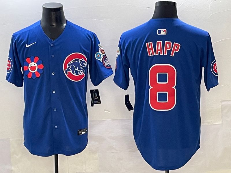 Men 2025 Chicago Cubs #8 Happ Blue Flower Edition Nike MLB Jersey style 51